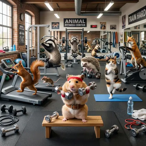 Realistic Gym Scene with Hamster and Animals Working Out