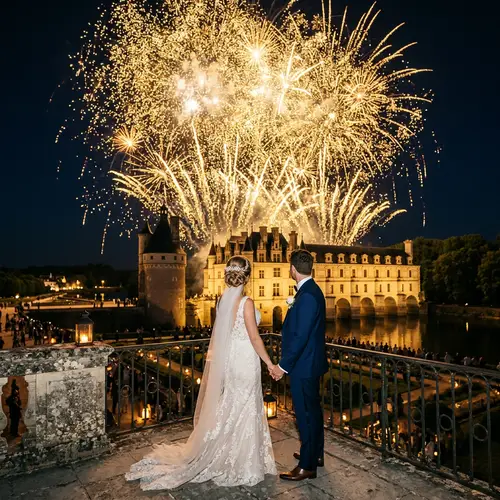 French Wedding Couple with Castle Fireworks Display