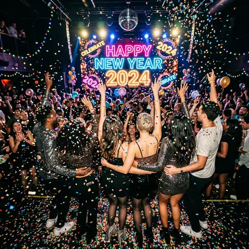 Vibrant New Year's Eve Party Photo with Diverse Group Celebrating