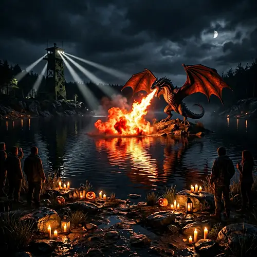 Dark Waterside Scenery with Dragon and Camouflaged Tower