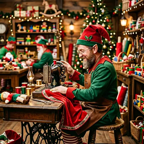 Christmas Elf Sewing in Santa's Workshop - Festive Scene
