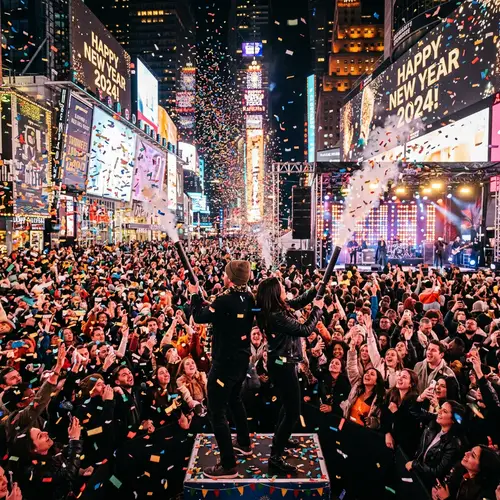 Vibrant New Year's Eve Celebration with Confetti Cannons