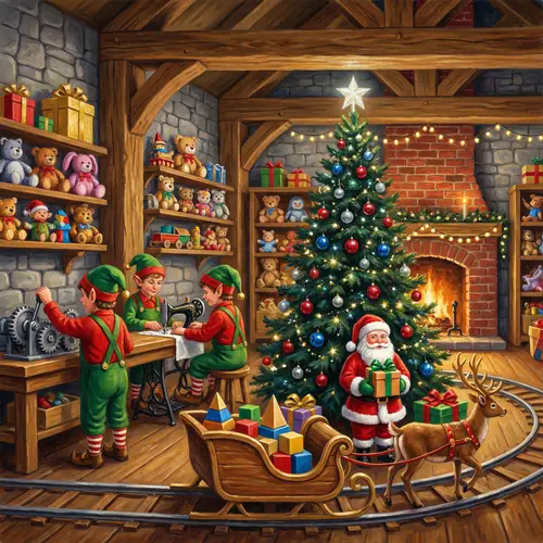 Enchanting Toy Manufacturing Workshop with Santa Claus and Elves