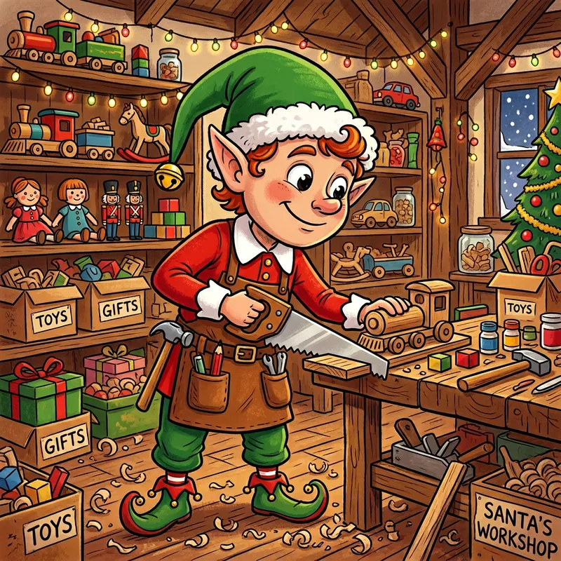 Iconic Cartoon Elf Woodworker Making Christmas Toys Iconic Cartoon Elf Woodworker Making Christmas Toys