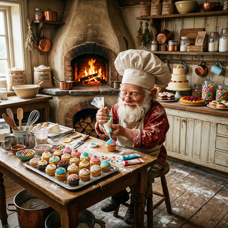 Gnome Chef Decorating Cupcakes with Frosting in Bakery Kitchen
