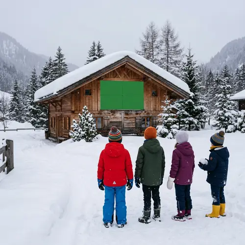 Cozy Snow-Covered Chalet with Children in Winter Landscape
