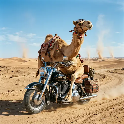 Unique Camel on Motorcycle - Whimsical Desert Adventure
