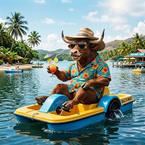 Bull Pedaling Paddle Boat with Hawaiian Shirt and Straw Hat