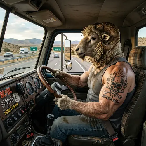 Muscular Sheep Fan of Johnny Driving Truck