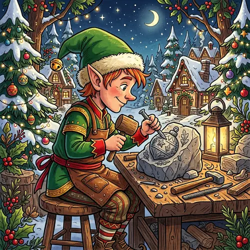 Iconic Elf Carving Stone - Christmas Cartoon Illustration