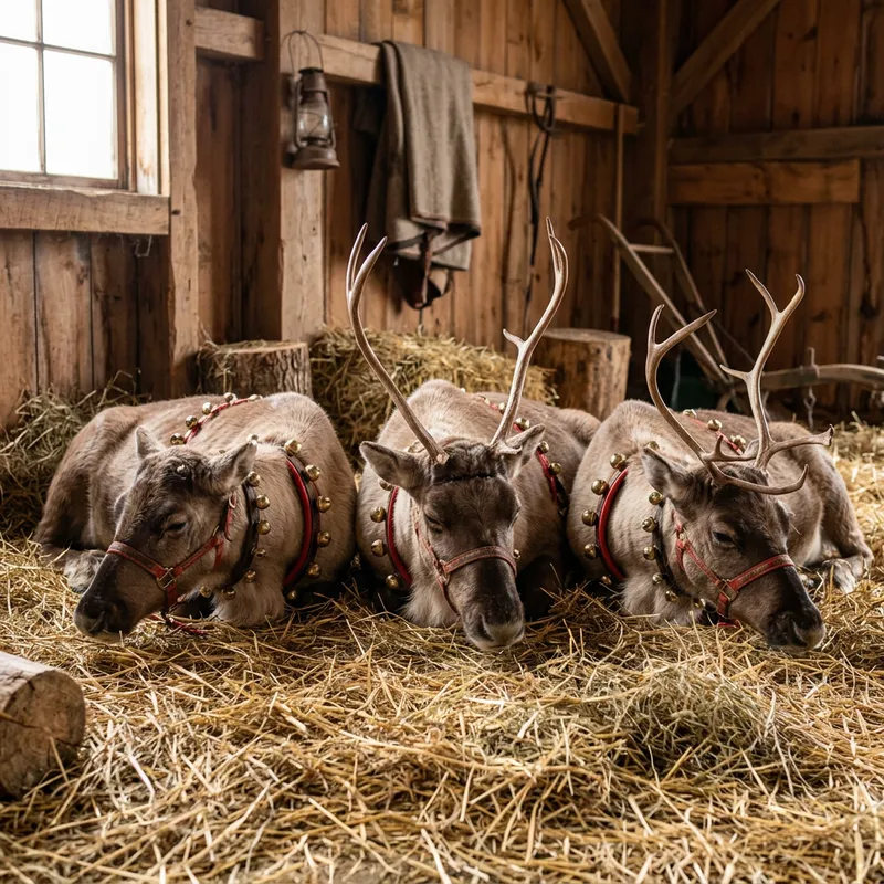Resting Reindeer on Straw with Harnesses and Bells Resting Reindeer on Straw with Harnesses and Bells