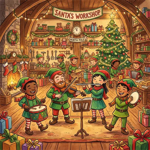 Elf Musicians in Santa's Workshop: Festive and Diverse Harmony