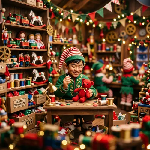 Asian Christmas Elf Sewing in Toy Factory - Festive Holiday Scene
