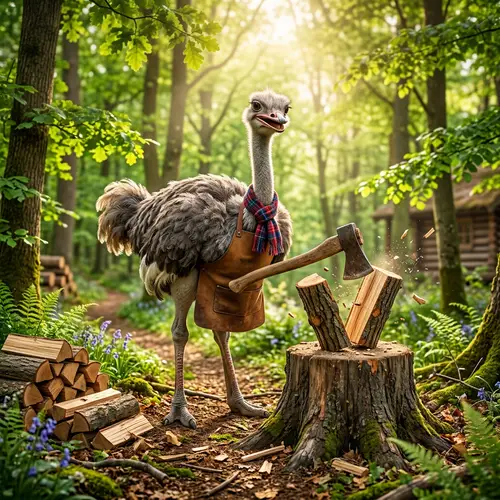 Friendly Ostrich Chopping Wood in Lively Forest | Fun for Kids