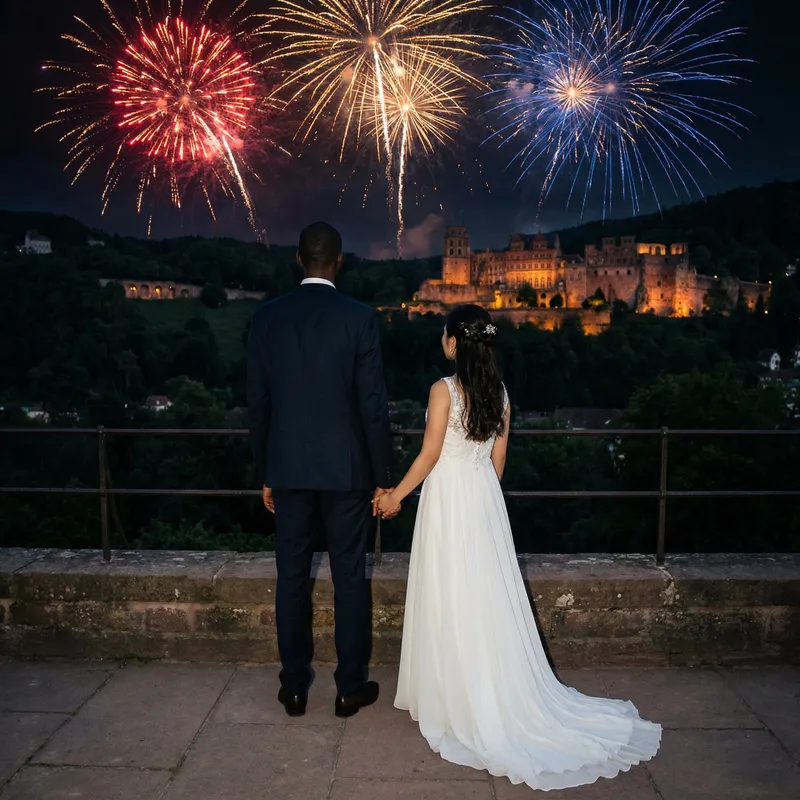 Romantic Back View Wedding Photo with Spectacular Fireworks at Castle Romantic Back View Wedding Photo with Spectacular Fireworks at Castle