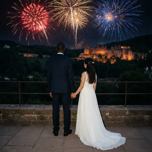 Diverse Couple Wedding Photo with Fireworks at Romance-Era Castle