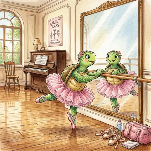 Tutu-Wearing Turtle in Classical Dance Studio