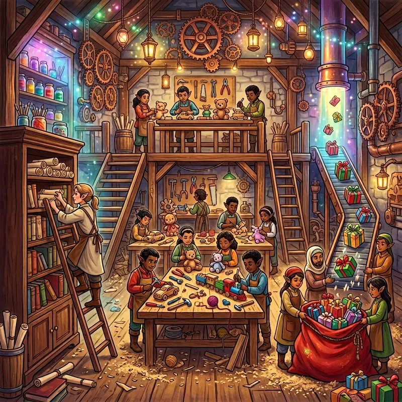 Magical Toy Workshop with Busy Elves Crafting Toys