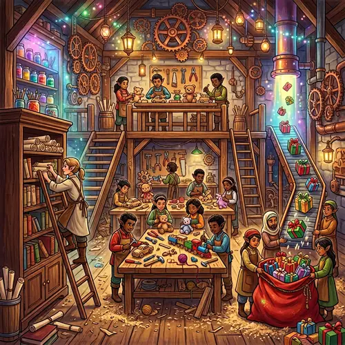 Enchanting Workshop with Multicolored Lights and Busy Elves