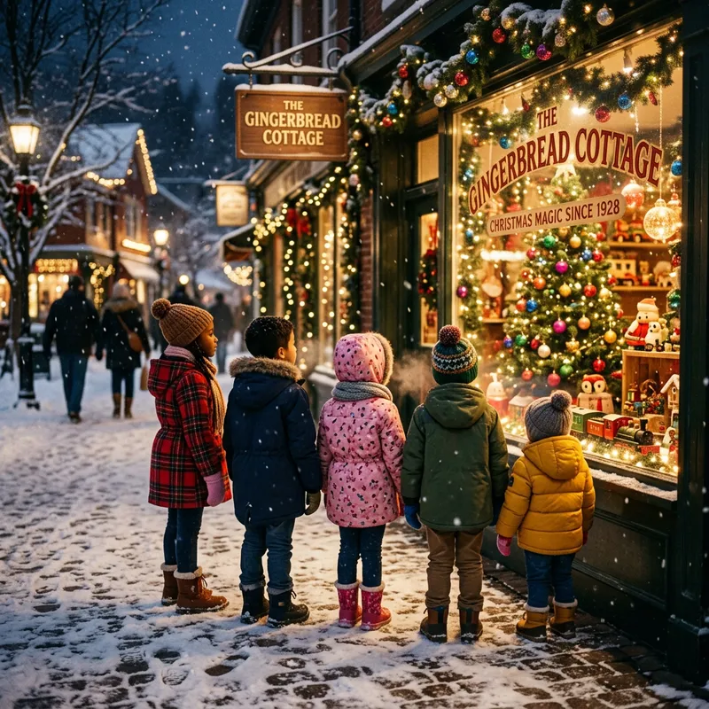 Children's Back View Admiring Christmas Window in Snowy Scene