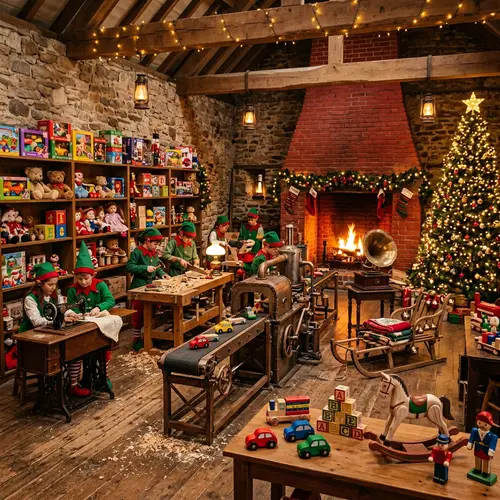 Elf Workshop Christmas Showcase with Handmade Wooden Toys