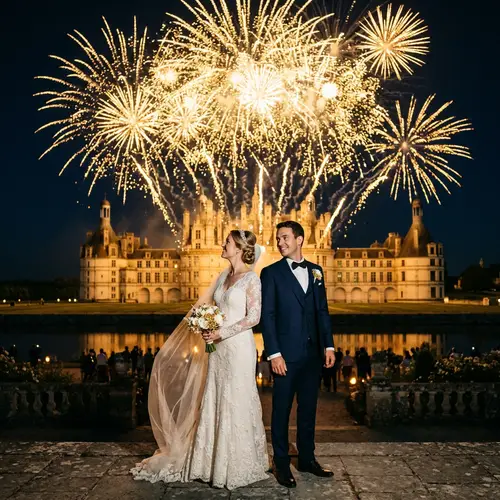 French Bride and Groom at Castle with Gold Fireworks