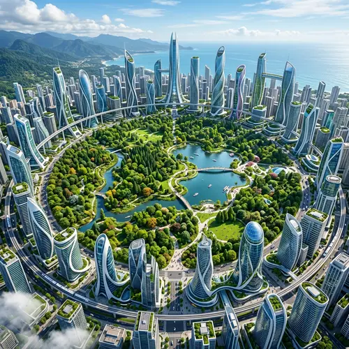 Futuristic Cityscape Surrounding Lush Green Park
