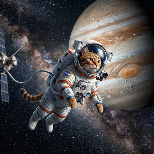 Cat in Space Suit Floating with Jupiter Background