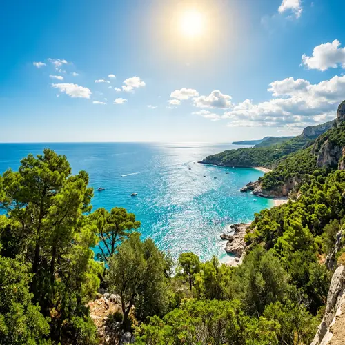 Picturesque Nature Scene with Shimmering Sea and Verdant Trees