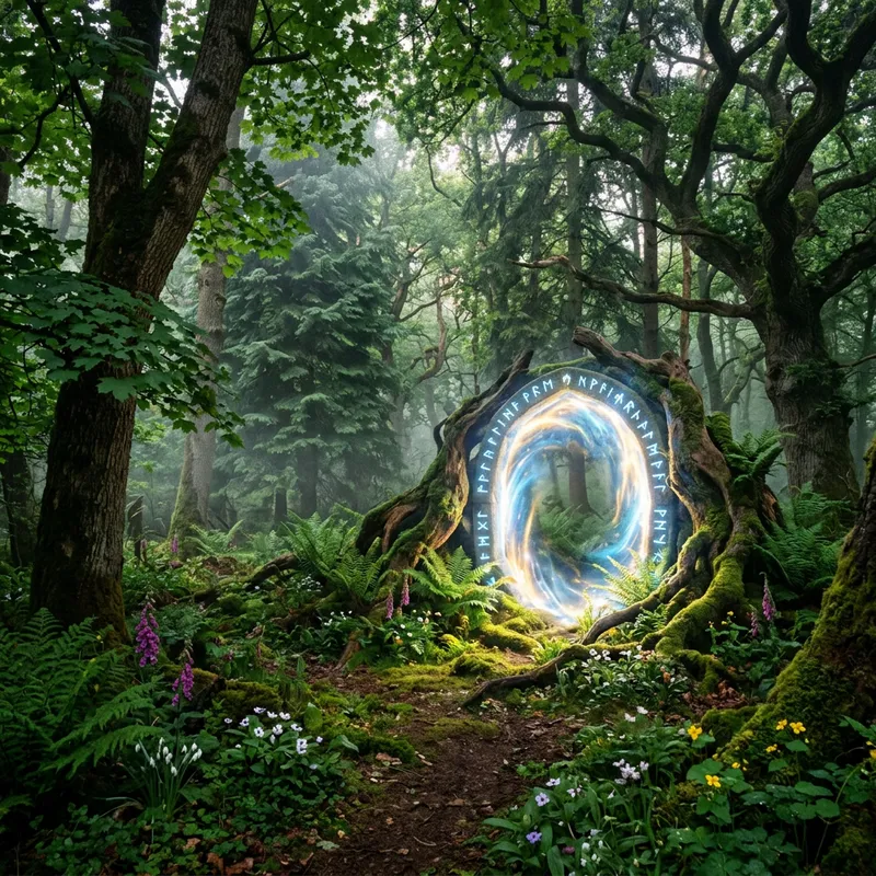 Mystical Forest Scene with Glowing Gateway