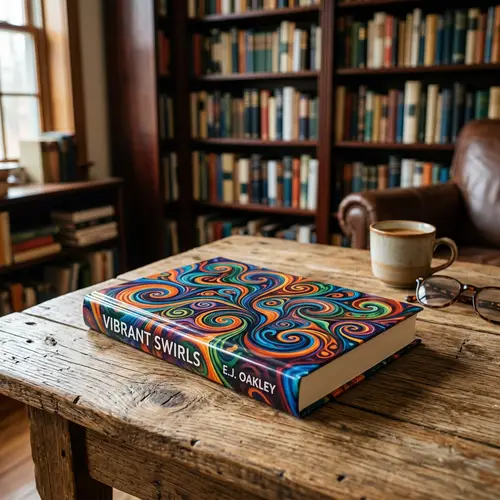 Colorful Abstract Design Hardcover Book on Wooden Table