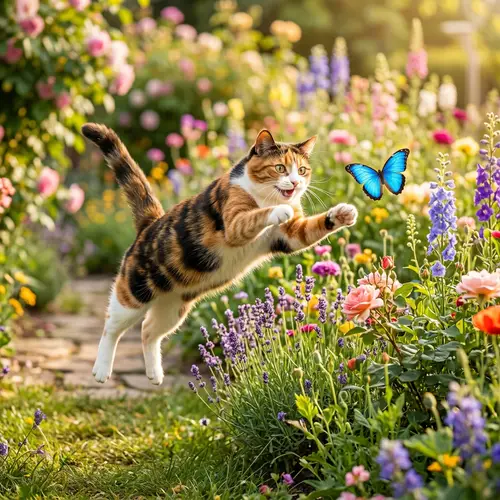 Playful Domestic Cat Chasing Butterfly in Blooming Garden