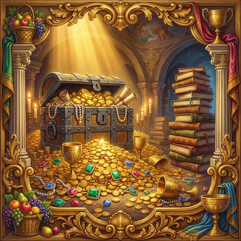 Monetary Value and Wealth: Stacks of Gold Coins and Precious Gems