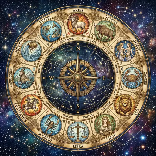Unique Zodiac Horoscope Chart with Celestial Symbols