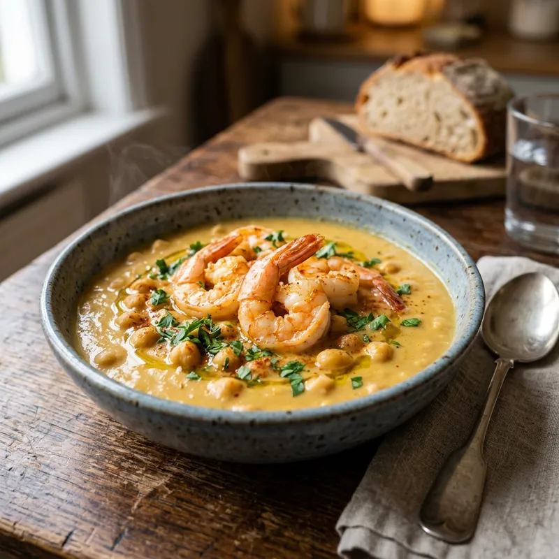 Cream of Chickpea Soup with Prawns - Delicious Comfort Food