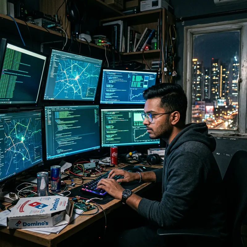 Chaotic South Asian Hacker in Dark Room with Screens Chaotic South Asian Hacker in Dark Room with Screens