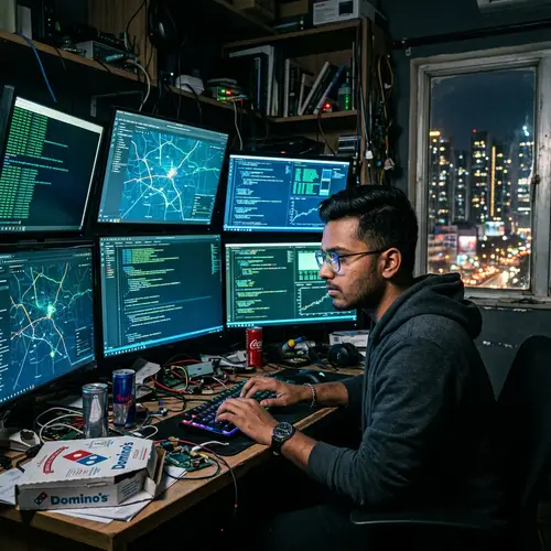 Professional South Asian Computer Hacker in Dark Room with Screens