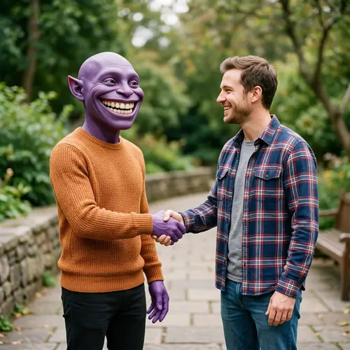 Joyful Purple-skinned Character in Friendly Encounter