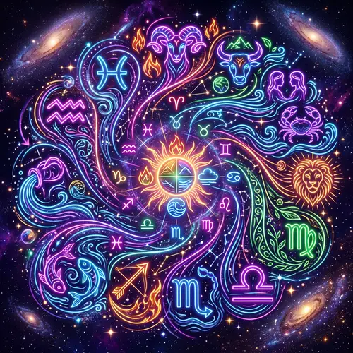 Abstract Zodiac Sign Art: Mystical Illustration in Neon Colors