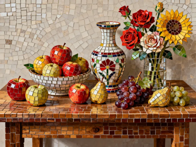 Mosaic Still Life: Fruits, Flowers, and Vase Art