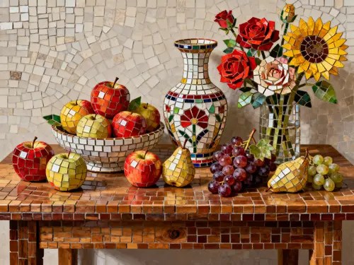 Mosaic Still Life: Fruits, Flowers, and Vase Art