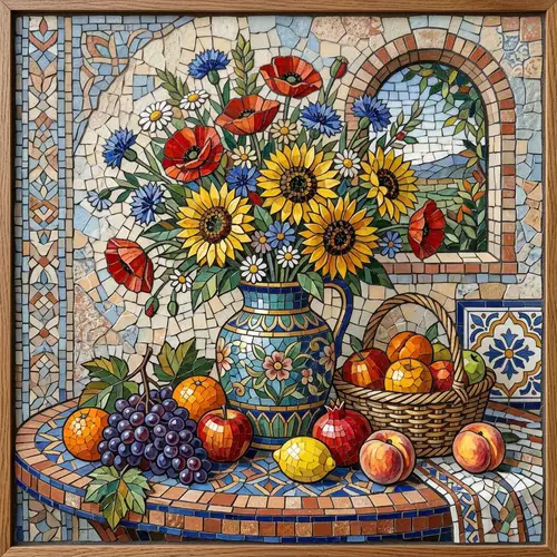 Mosaic Still Life: Fruits, Flowers, and Vase Art