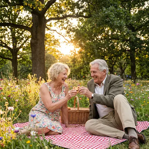 Beautiful Sunset Park Scene with Caucasian Parent Couple Sharing a Dessert