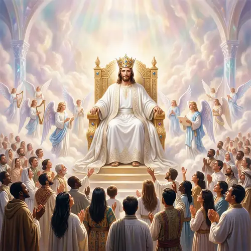 Heavenly Scene with Jesus Christ and Angels in Golden Crown