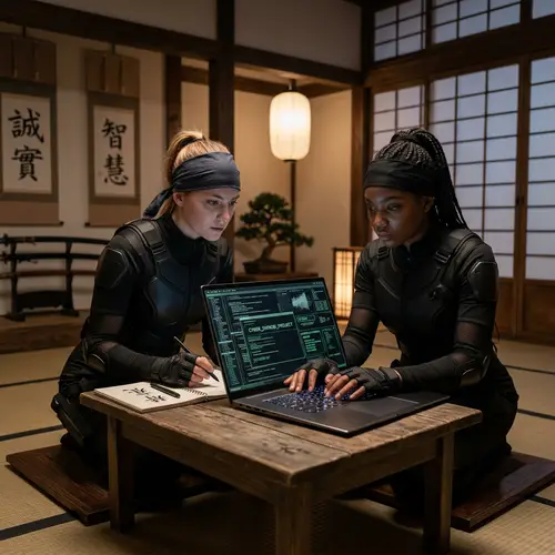 Modern Ninja Women Working on High-Tech Laptop