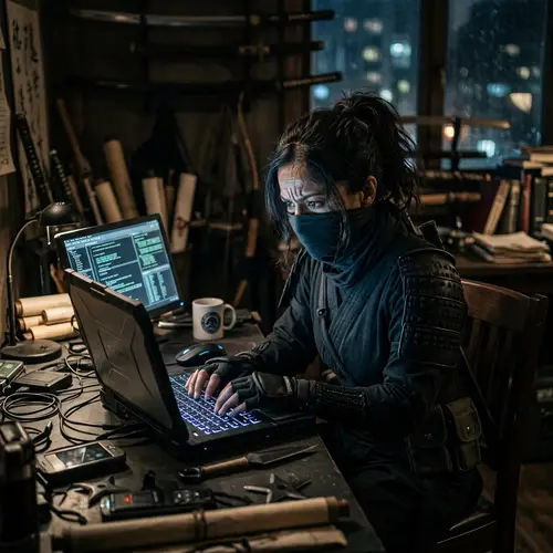 South Asian Female Ninja Working on Laptop