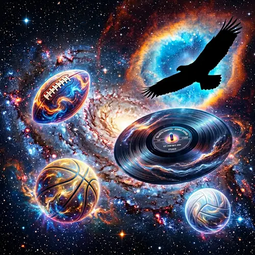 Cosmic Galaxy Art with Basketball, Football, Volleyball, and Eagle