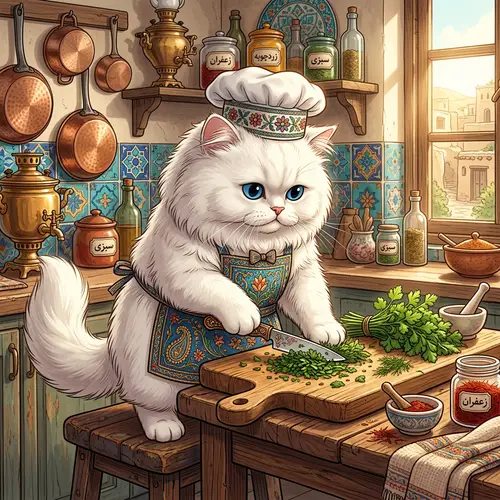 Cheffy Persian Cat in Cozy Kitchen - Anime Style