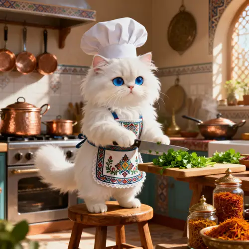 Cheffy Persian Cat in Cozy Kitchen - Anime Style
