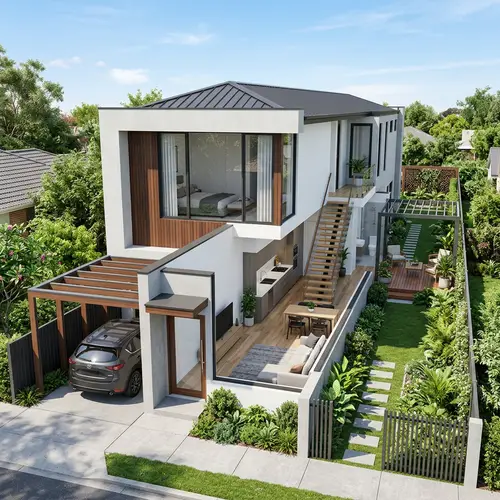Modern 4.5x30m House Design with Garden and Carport